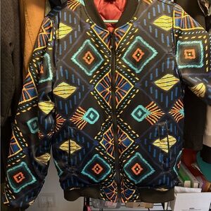 Men's Black Geometric Print Bomber Jacket - Multicolor
